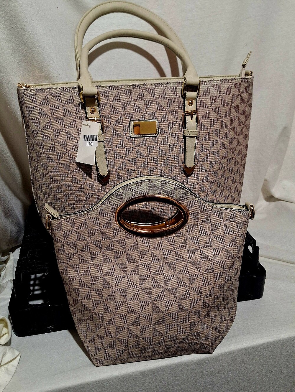 Beige Geometric Tote Bag with Top Handles